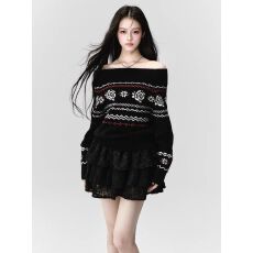 批发小苏饼▲<b class='q'>韩国</b><b class='q'>正品</b><b class='q'>代购</b> BLACKUP 复古提花一字领露肩针织衫 12.26