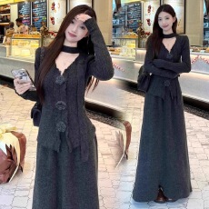 批发气质穿搭长裙一整套2025秋<b class='q'>冬</b>季女立体花朵飘带针织衫半身裙两件套