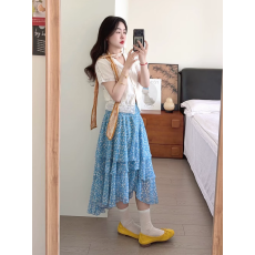 批发法式蓝色碎花蛋糕裙 <b class='q'>不规则</b>层次<b class='q'>半身裙</b> 温柔风高腰中长裙