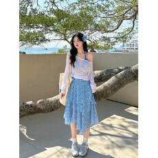 批发Forever 21韩系ins蓝色碎花蛋糕<b class='q'>半身裙</b>女高腰A字<b class='q'>不规则</b>度假中裙子