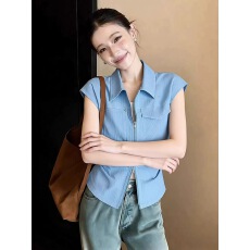 批发2026新款韩系夏季蓝色无袖<b class='q'>衬衫</b>女宽松翻领拉链百搭设计感洋气上衣