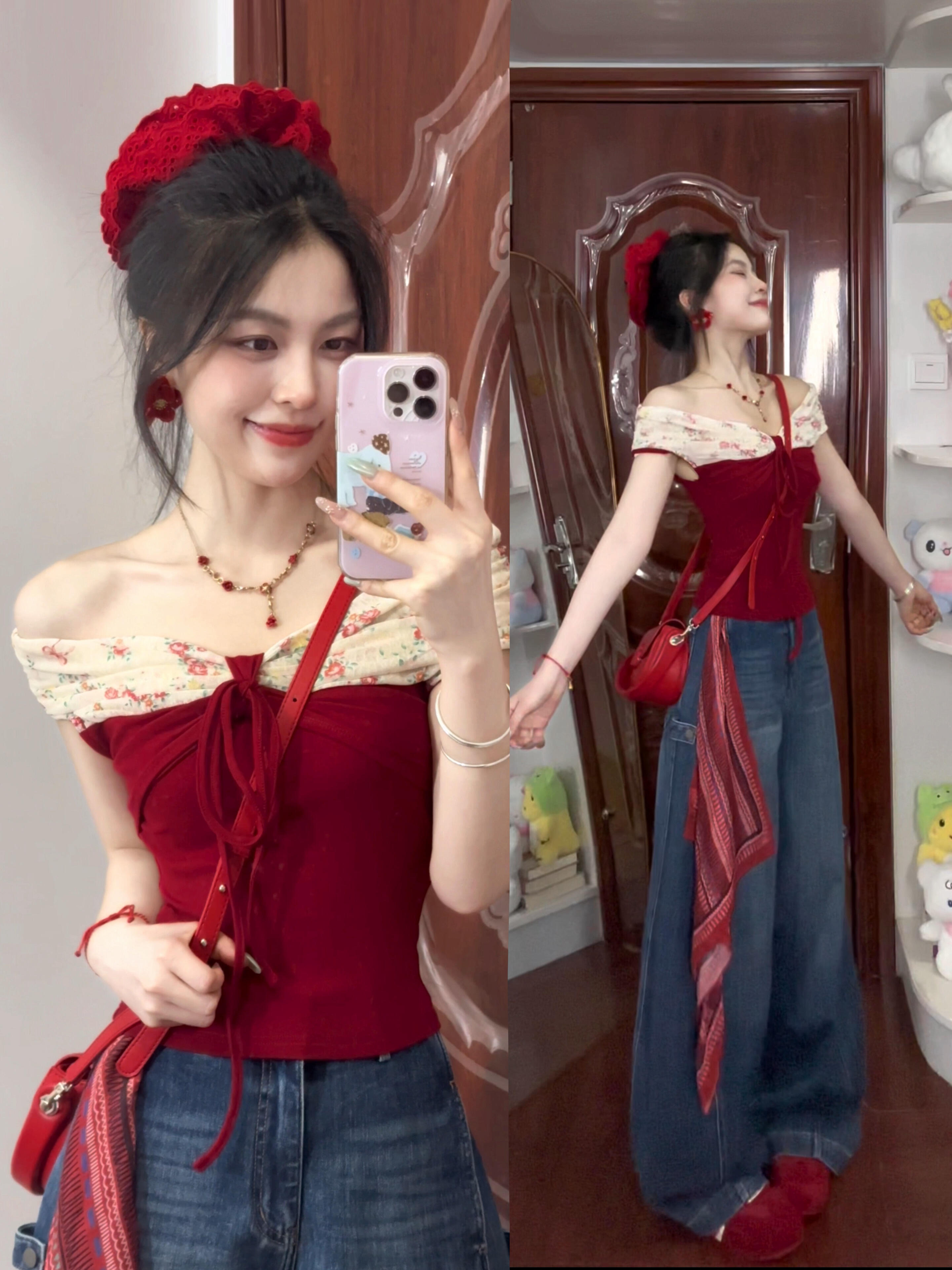 오프숄더 패치워크 몸매 가꾸기 티셔츠