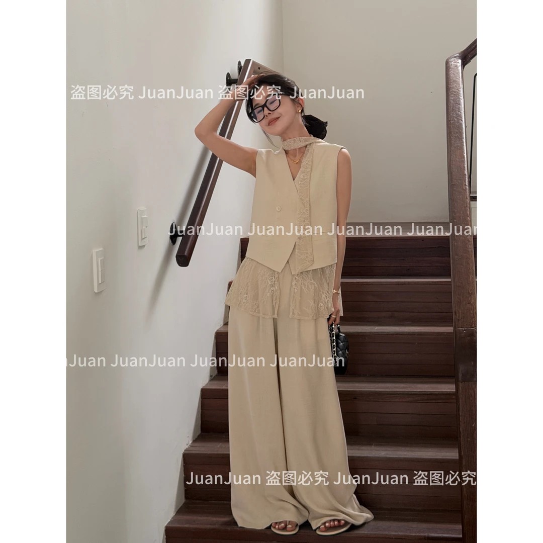 갑자기 올 여름 juanjuan 패션 패치워크 맨위 플러스 와이드 레그 팬츠 투피스 세트