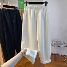批发高级感深灰色加绒毛呢裤<b class='q'>女</b>秋冬新款宽松休闲磨毛<b class='q'>哈伦裤</b>九分裤