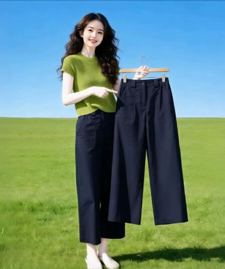 해군 스트레이트 캐주얼 바지 여성 이른 가을 하이웨이스트 루즈핏 슬림해 보이는 9 포인트 여성 와이드 레그 팬츠
