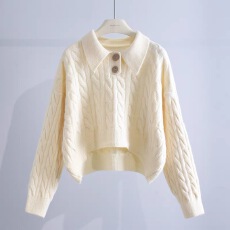 批发短款麻花<b class='q'>毛衣</b>女秋冬新款<b class='q'>韩版</b>宽松慵懒风polo领针织衫上衣