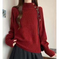 批发现 韩国半高领<b class='q'>不规则</b>纽扣毛衣女秋冬宽松显瘦洋气时尚<b class='q'>针织衫</b>上衣