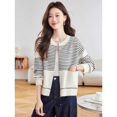 批发慵懒风条纹毛衣<b class='q'>外套</b>女长袖2025新款宽松宽松显瘦加厚圆领针织开衫