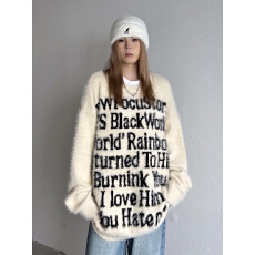 批发国潮美式字母印花仿貂绒毛衣女秋冬<b class='q'>街头</b>ins慵懒风宽松针织衫上衣