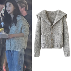 批发章若楠温<b class='q'>以</b>凡同款灰色大翻领海军风针织开衫洋气减龄毛衣外套