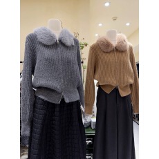 批发RARE SHE韩国东大门新款2025秋冬纯色短款毛领拉链毛衣<b class='q'>开衫</b>外套女