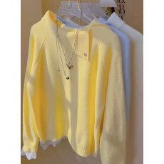 批发温柔风软糯黄色针织衫毛衣女秋冬季小众设计感<b class='q'>蕾丝拼接</b>上衣打底衫