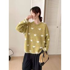 批发温柔慵懒提花爱心毛衣女秋冬紫色圆领宽松针织衫外穿毛针织衫上衣