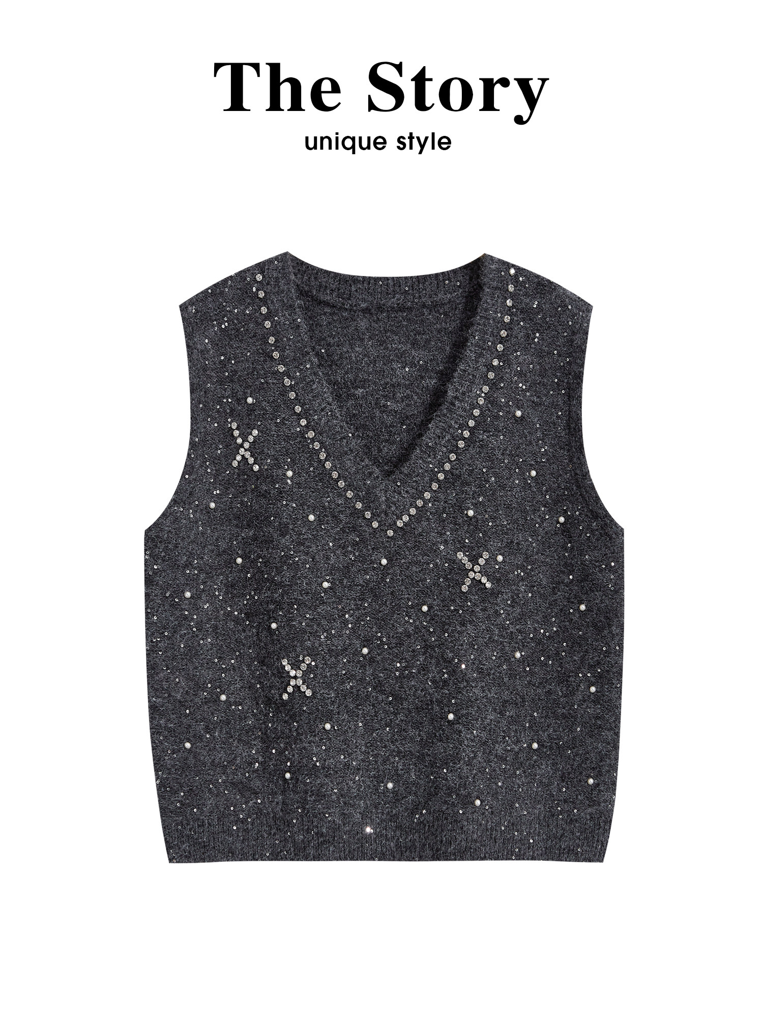 V넥 무거운 작업 비즈 박기 빛나는 니트 조끼 여자 가을과 겨울 품격 스택 착용 민소매 조끼