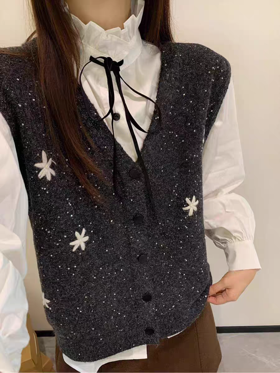 프랑스식 V넥 꽃 자수 스택 착용 베스트 재킷 맨위 여성 트렌디