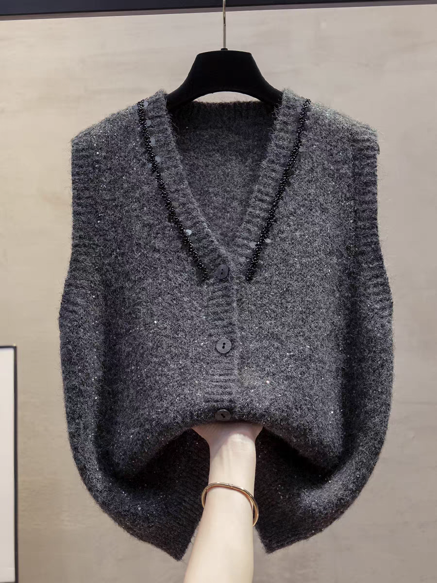 한국 스타일 품격 연령 감소 V넥 다용도 무거운 작업 루즈핏 스팽글 니트 조끼