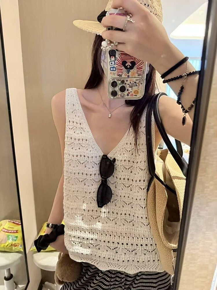 여름 민소매 니트 조끼 여성 외출용 블라우스 중간 길이 루즈핏 느긋한 바람 얇은 자외선 차단 맨위 스택 착용 외부 가져 가라.