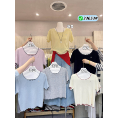 批发简约韩系木耳边小马标短袖针织衫正肩t恤女夏小个子修身针织上衣