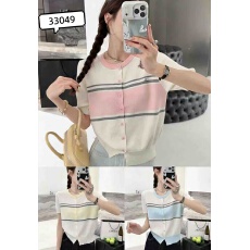 批发2026年春夏新款女士圆领T恤撞色条纹细针织<b class='q'>开衫</b>宽松时尚短袖上衣