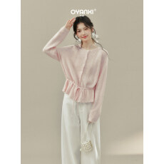 批发“打翻调色盘”胖mm系带镂空短款针织衫女内搭粉色上衣