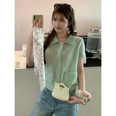 批发法式奶油风娃娃领短袖针织开衫女薄款<b class='q'>韩版</b>设计感收腰显瘦气质上衣