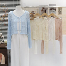 批发2026春夏新款薄款镂空系带短款冰丝针织开衫女宽松长袖上衣秋季