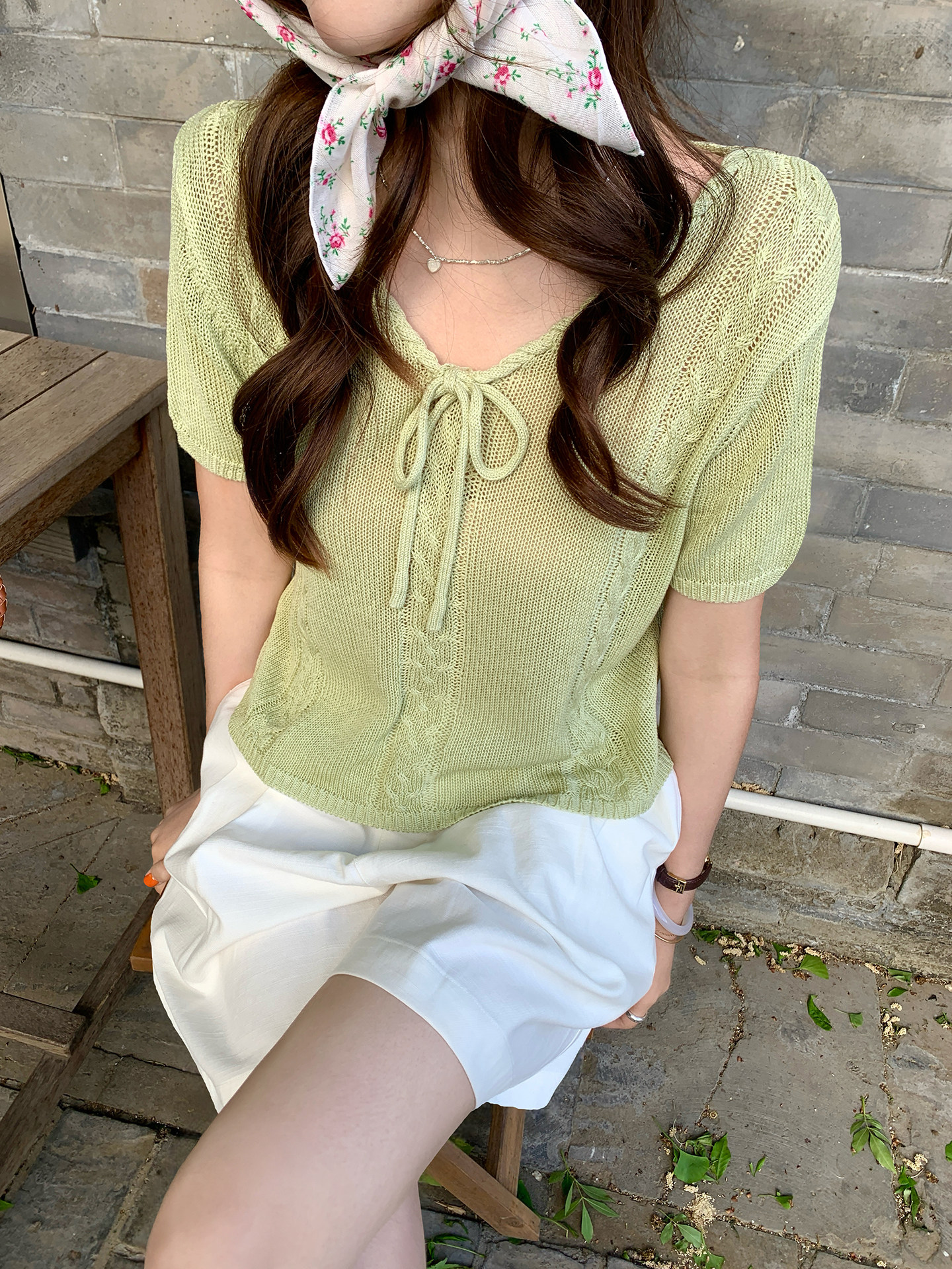 2026 새로운 한 부서 chic 대나무 마디 마 레이스업 나비 매듭 디자인 센스 달콤함 프랑스식 반팔 니트 스웨터 여성