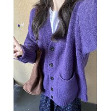 批发早秋复古紫色V领口袋<b class='q'>开衫</b> 重磅加厚毛衣外套女纯色系大码显瘦上衣