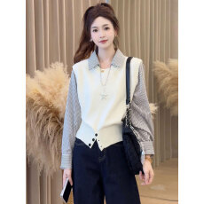 批发针织衫女2026秋季新款时髦洋气假两件条纹衬衫拼接法式长袖上衣潮