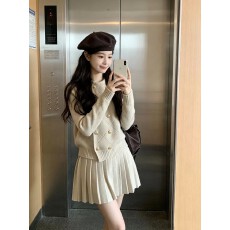 批发千金风针织开衫百褶裙套装女小香风显瘦两件套秋季双排扣<b class='q'>长袖</b>潮流