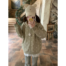 批发韩式<b class='q'>甜美</b>波点连帽开衫新款毛衣女早秋甜妹针织衫外套慵懒风上衣女