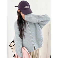 批发慵懒风华夫格双拉链针织<b class='q'>开衫</b>女宽松连帽毛衣外套上衣