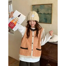批发复古撞色条纹针织马甲女学院风立领拉链叠穿背心马甲