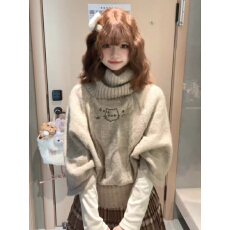 批发萌系麻花针织套头斗篷毛衣女春秋宽松加厚高领设计感减龄<b class='q'>中袖</b>上衣