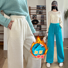 批发实拍 双面加绒加厚摇粒绒阔腿裤 慵懒冬季高腰宽松束裤长裤
