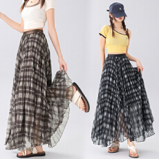 批发实拍格纹a字<b class='q'>半身</b>裙女2025秋季新款复古高腰中长款不规则伞裙