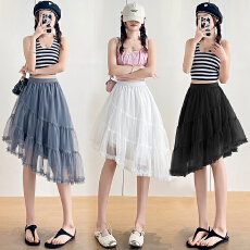批发韩系风木耳边波点半裙女2026春季网纱拼接蛋糕裙高级感a字半身裙
