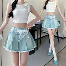 批发实拍新款蕾丝腰带<b class='q'>百褶</b>裙A字学院风高腰防走光<b class='q'>短裙</b>牛仔半身裙