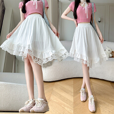 批发实拍新款蕾丝花边拼接荷叶边不规则半身裙高腰显瘦a字中<b class='q'>长裙</b>