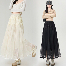 批发实拍蕾丝拼接褶皱半身裙夏温柔风仙女蛋糕裙高腰显瘦A字<b class='q'>长裙</b>