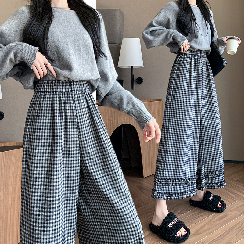 실사 봄 여름 이중층 레이스 체크무늬 와이드 레그 팬츠 9 포인트 캐주얼 슬림해 보이는 하이웨이스트 프릴 레트로 허리밴드 바지