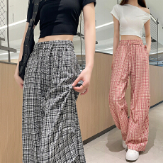 批发实拍新款烫钻薄款两穿运动休闲裤格子工装裤高腰束脚阔腿裤<b class='q'>女</b>