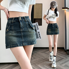 批发实拍防走光牛仔半身裙女怀旧设计感显瘦高腰牛仔短裤包臀裙