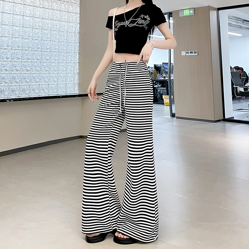 캐주얼 운동 바지 여성 봄 여름 새로운 레트로 스트라이프 느긋한 바람 와이드 레그 팬츠 다용도 펌프 로프 니트 스트레이트 긴 바지
