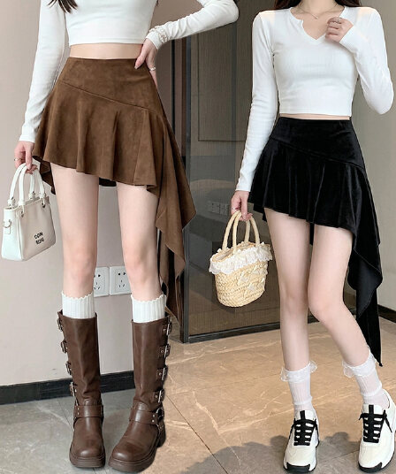 실사 사슴 캐시미어 패치워크 반신 스커트 아메리칸 핫걸 바람 순수한 욕망 불규칙 로우 웨이스트 타이트 스커트 노출 방지 미니 스커트