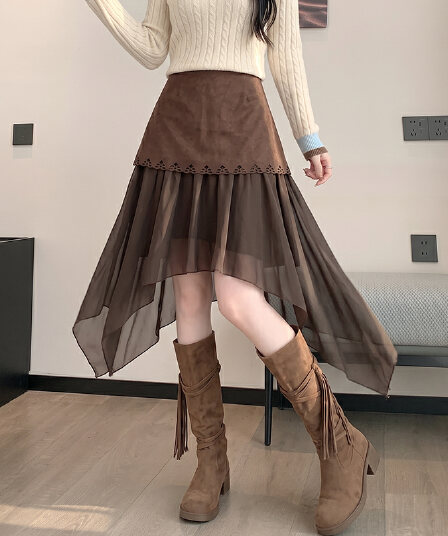 실사 새로운 불규칙 반신 스커트 여자 중간 롱 코트 홀로우 아웃 레이스 스웨이드 원단 패치워크 망사 하이웨이스트 A라인 스커트
