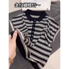 批发撞色条纹气质短袖套头针织衫夏季简约通勤时髦设计感上衣女装