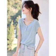 新款冰丝针织衫v领纽扣套头短袖宽松显白韩系清新打底衫通勤上衣