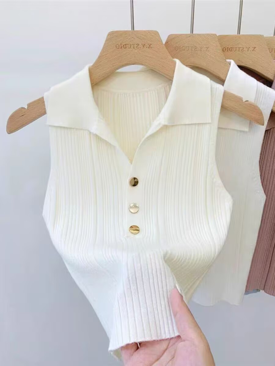 작은 샤넬 스타일 단추 POLO 칼라 니트 조끼 여성 봄 프랑스식 민소매 고유 한 Chic 몸매 가꾸기 맨위 기본 셔츠