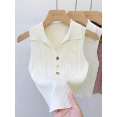 批发小香风纽扣Polo领针织背心女春季法式无袖独特别致<b class='q'>修身</b>上衣<b class='q'>打底衫</b>